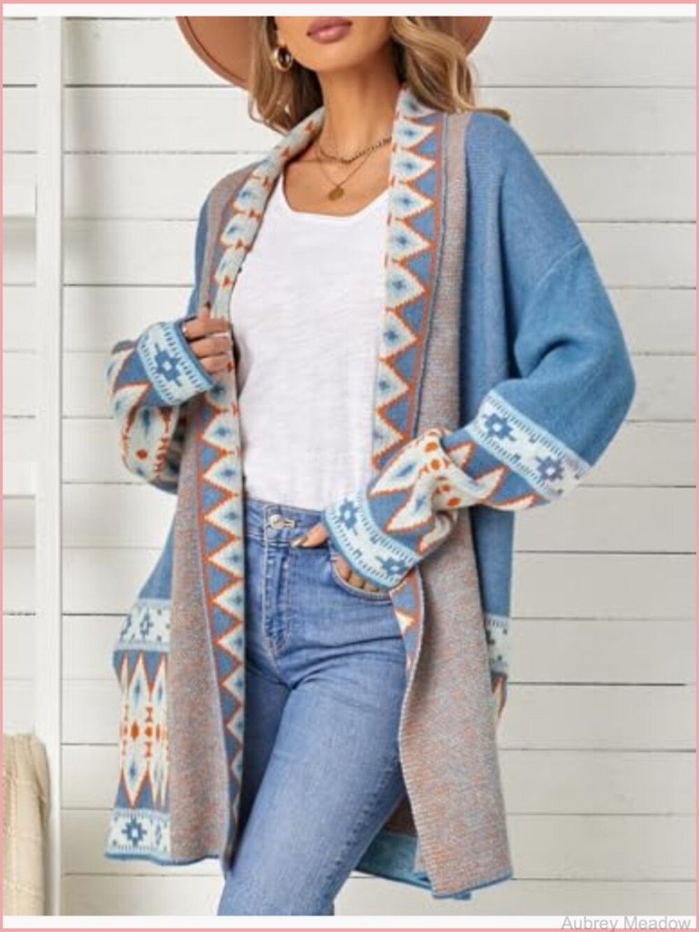 Boho Aztec Cardigan Sweater Shawl Collar Open Front Long Cardigan with Pockets - Picture 3 of 7
